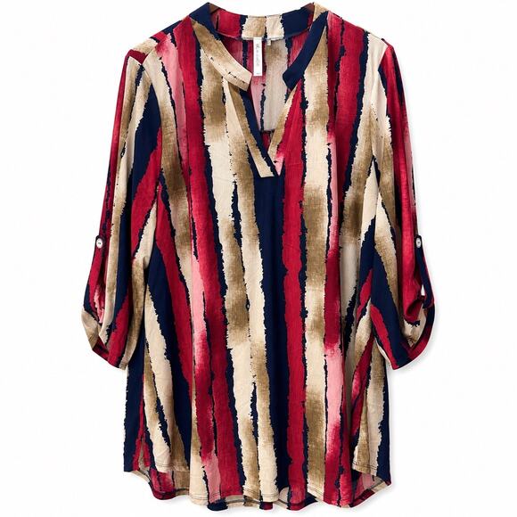 Dear Scarlett Tops - Dear Scarlett XL Striped Tunic Top Pink Navy Taupe Roll Tab Sleeve V Neck
